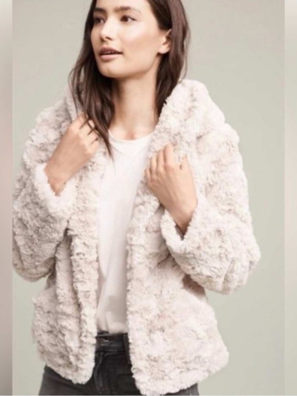 Anthropologie Plush Teddy Jacket in Light Beige-Cream